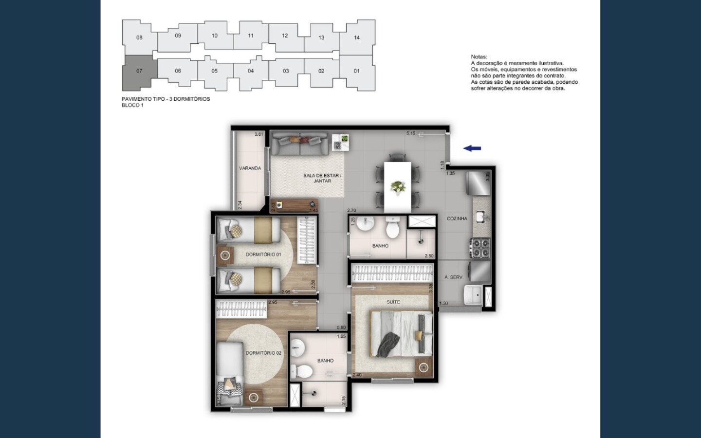 Planta de 3 quartos com suíte