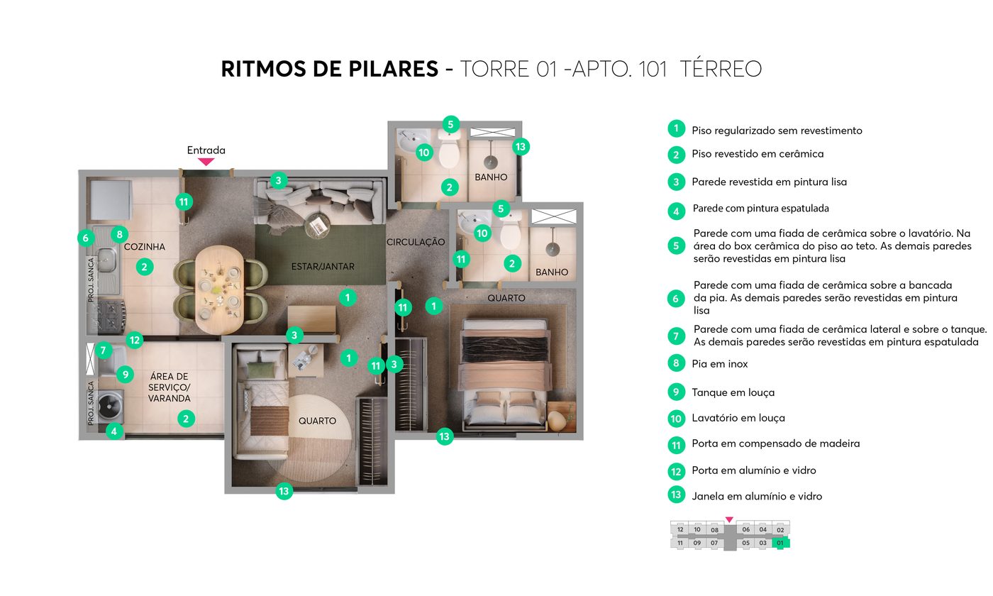 Planta 2 Quartos com Suíte e Vaga