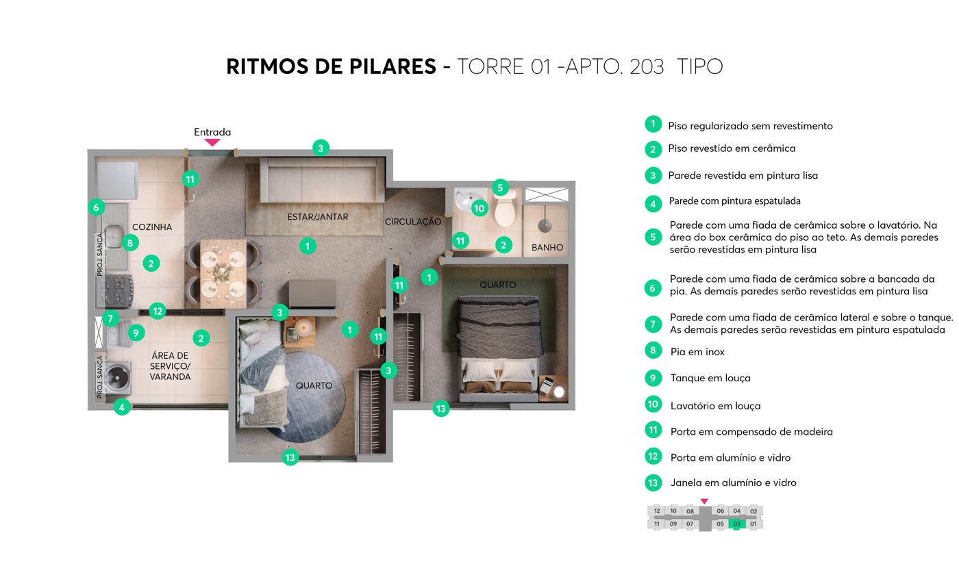 Planta 2 Quartos com Varanda