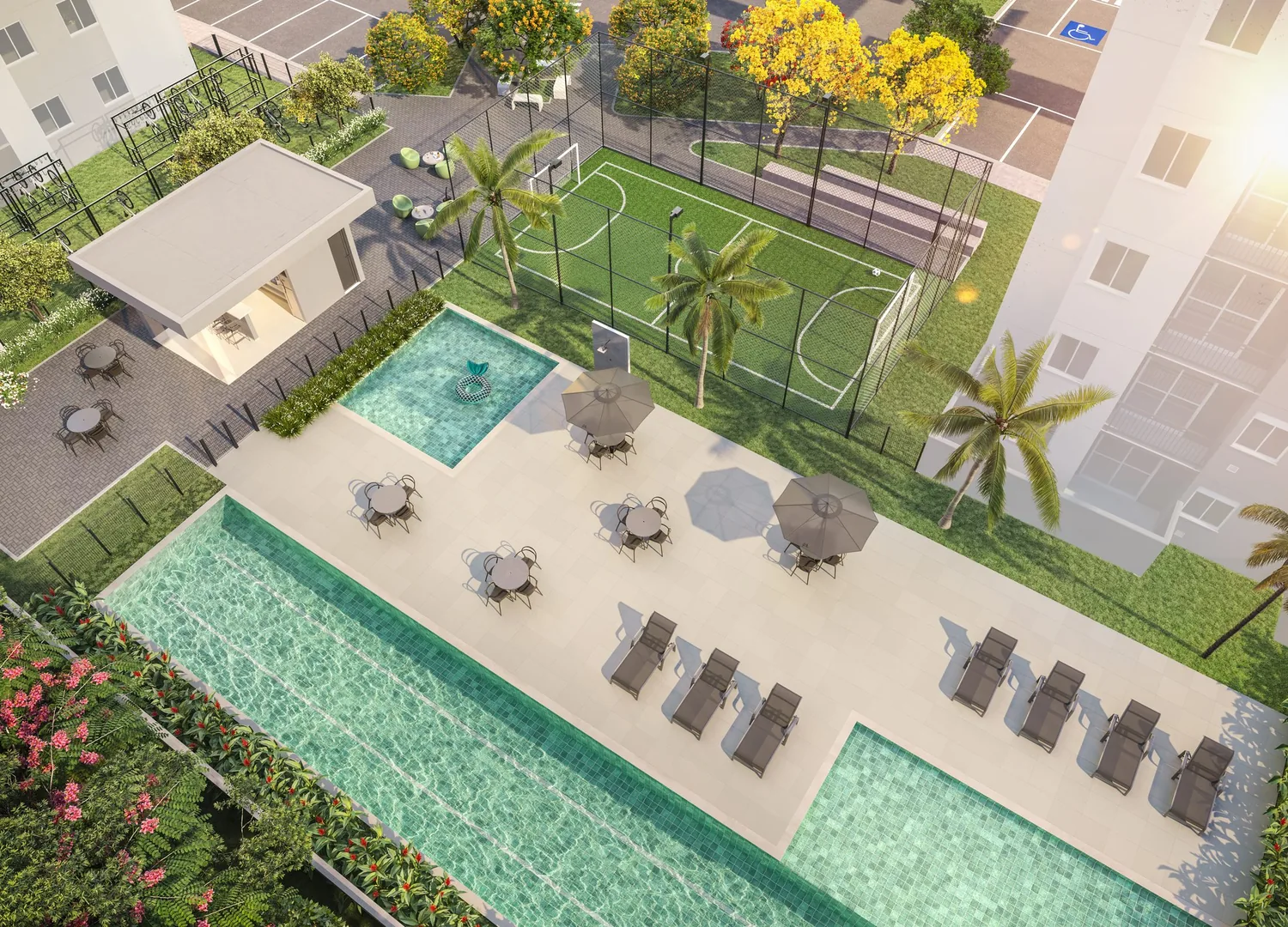 Vista aérea da piscina e lazer do Park Village