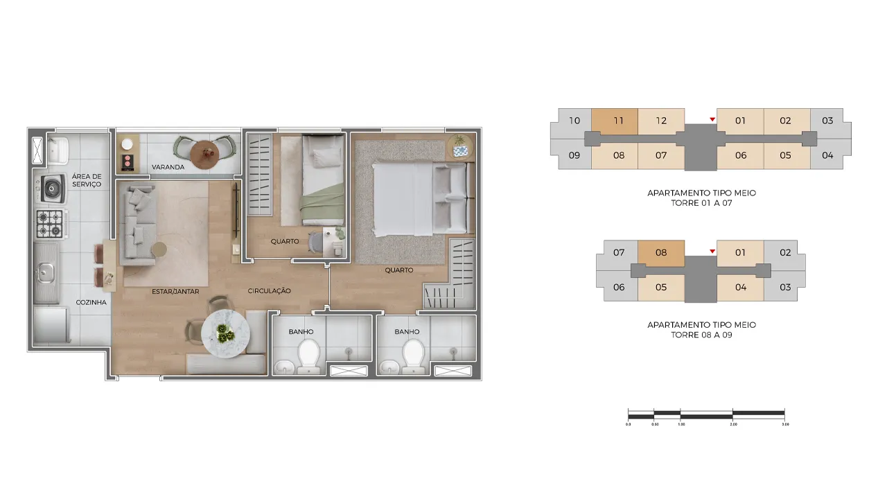 Planta de 2 quartos com suíte do Park Village